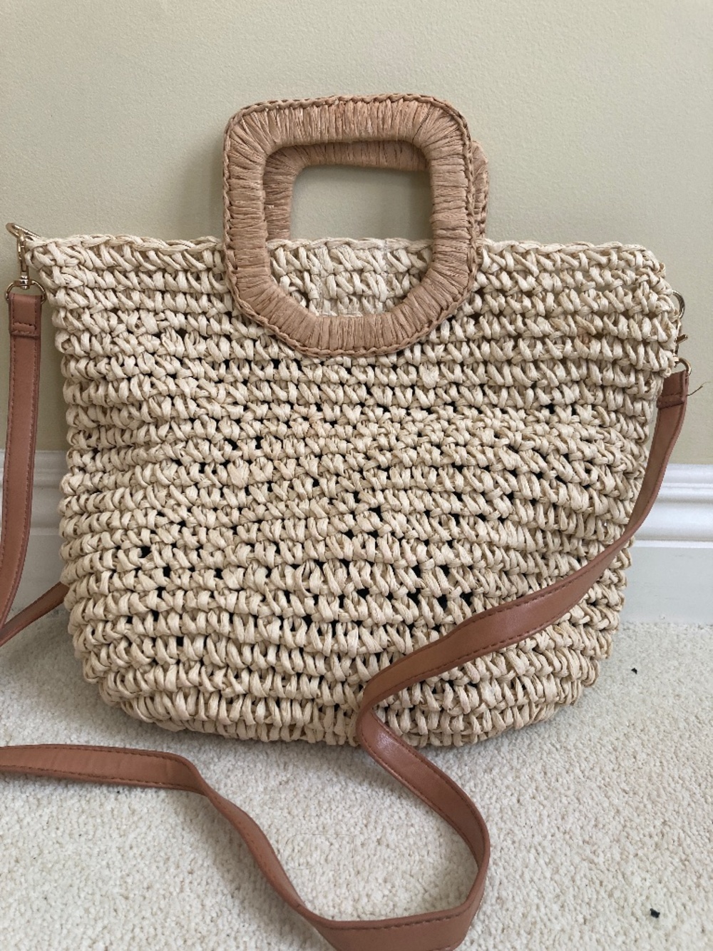 Woven Straw Shoulder Bag with Tan Leather Strap - Cream